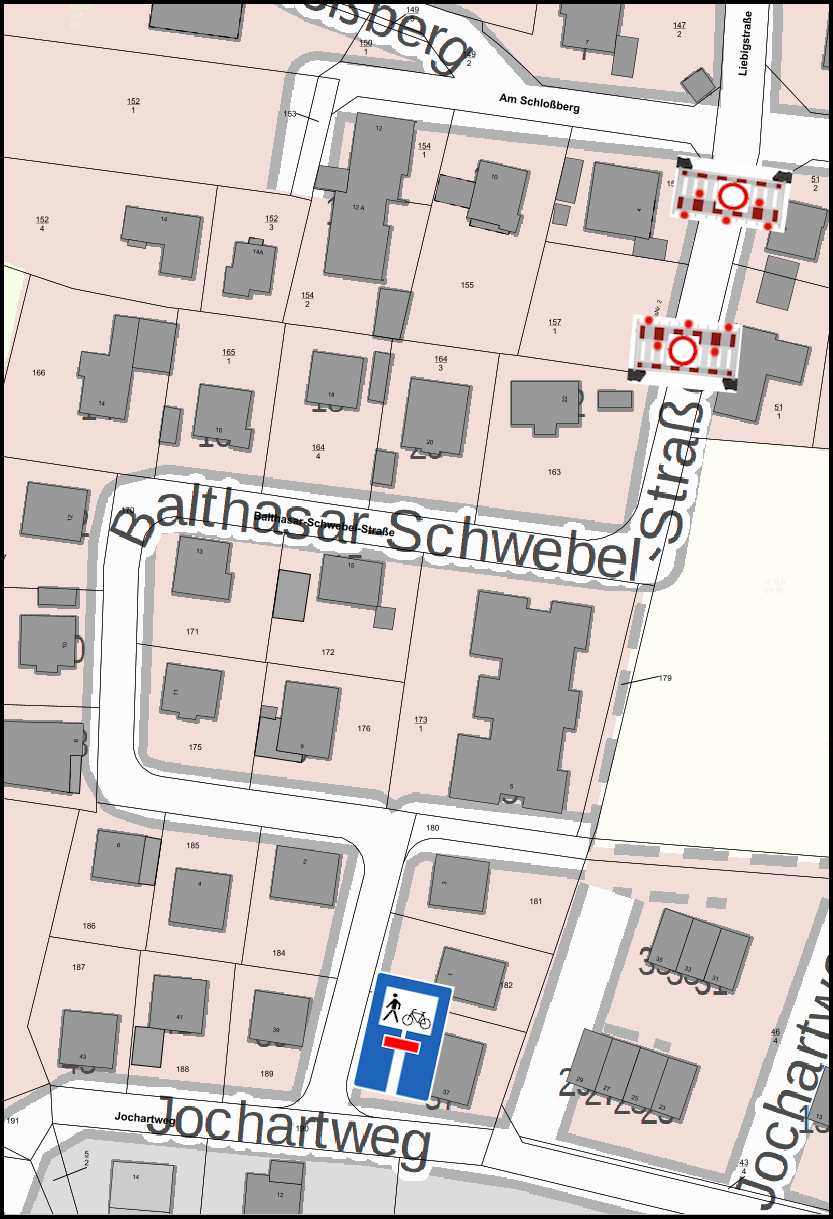 Kartenausschnitt mit Sperrung und Sackgasse.